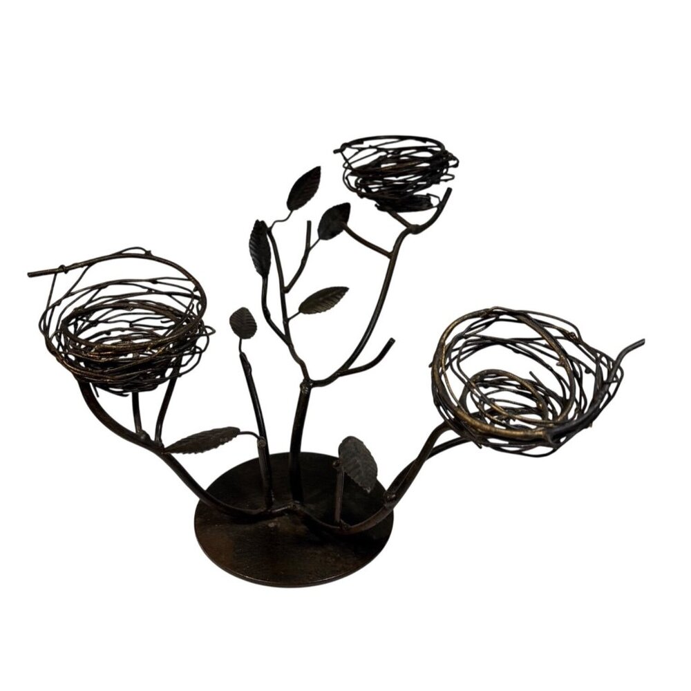 Wrought Iron Bird Nest Candle Holder Centerpiece Rustic Nature 6" Tall 8.5" Wide